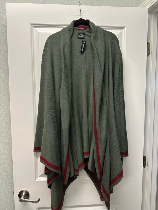 Lord & Taylor Sweaters - Lord & Taylor Olive Shawl with Red Accents